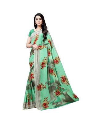 Green printed georgette saree with blouse 1
