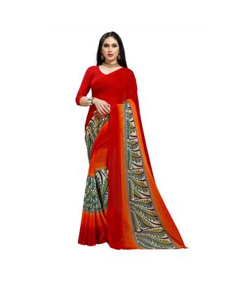 Red printed georgette saree with blouse 1