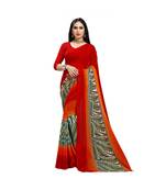 Red printed georgette saree with blouse