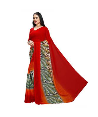 Red printed georgette saree with blouse 2