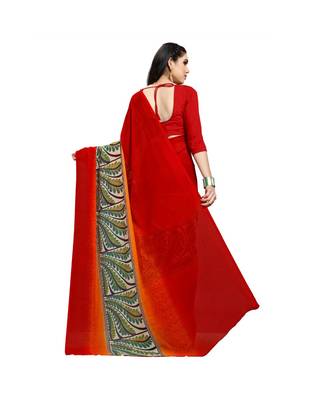 Red printed georgette saree with blouse 3