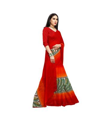 Red printed georgette saree with blouse 4