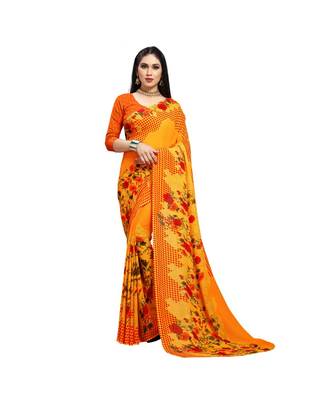 Yellow printed georgette saree with blouse 1