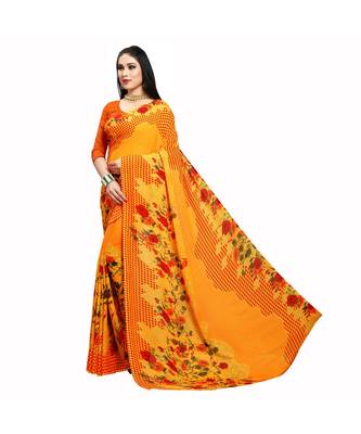 Yellow printed georgette saree with blouse 2