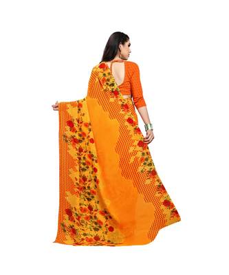Yellow printed georgette saree with blouse 3