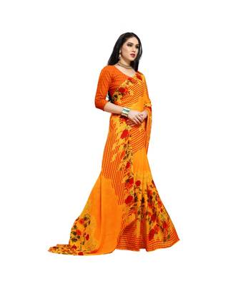 Yellow printed georgette saree with blouse 4