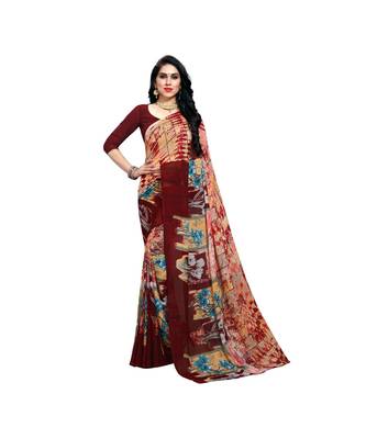 Maroon printed georgette saree with blouse 1
