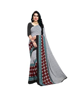 Grey printed georgette saree with blouse 1