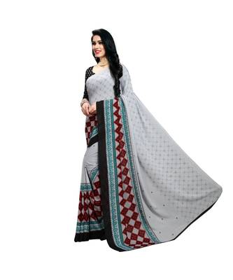 Grey printed georgette saree with blouse 2
