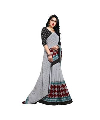 Grey printed georgette saree with blouse 4