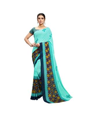 Blue printed georgette saree with blouse 1