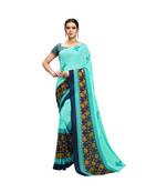 Blue printed georgette saree with blouse
