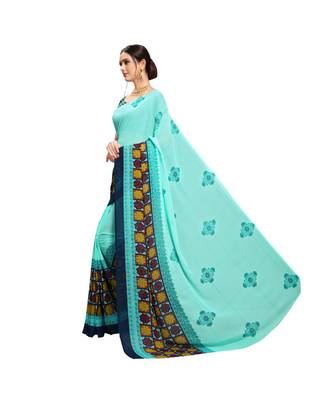 Blue printed georgette saree with blouse 2