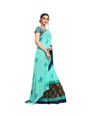 Blue printed georgette saree with blouse 4