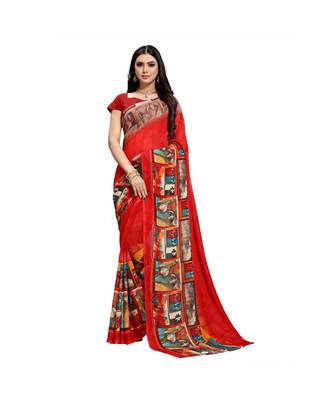 RED printed georgette saree with blouse 1