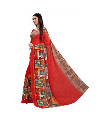 RED printed georgette saree with blouse 2