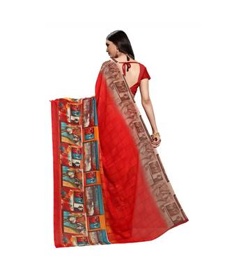 RED printed georgette saree with blouse 3