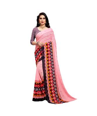 Pink printed georgette saree with blouse 1