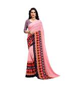 Pink printed georgette saree with blouse
