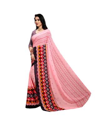 Pink printed georgette saree with blouse 2