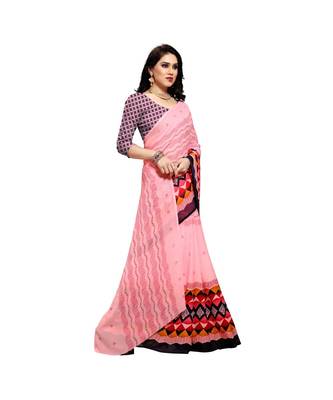 Pink printed georgette saree with blouse 4