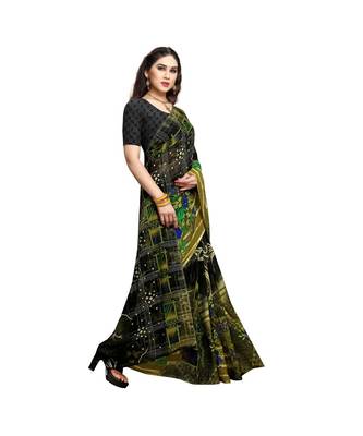 Green printed georgette saree with blouse 4