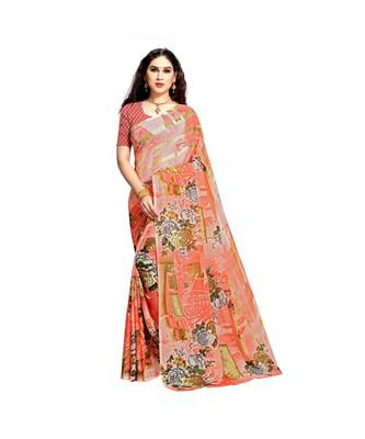 Orange printed georgette saree with blouse 1