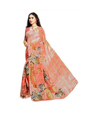 Orange printed georgette saree with blouse 2
