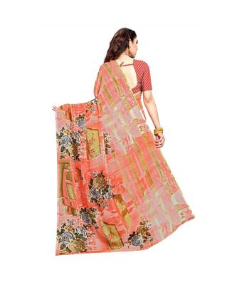 Orange printed georgette saree with blouse 3