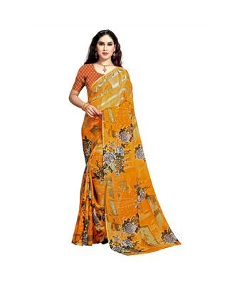 Yellow printed georgette saree with blouse 1