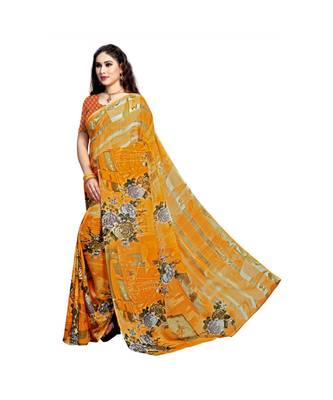 Yellow printed georgette saree with blouse 2
