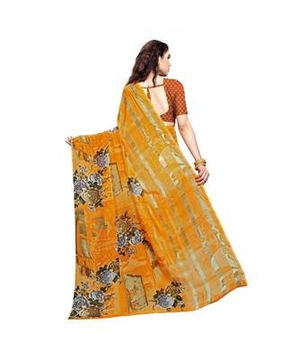Yellow printed georgette saree with blouse 3