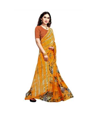 Yellow printed georgette saree with blouse 4