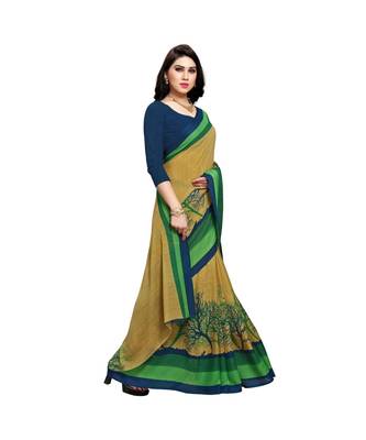 Green printed georgette saree with blouse 4