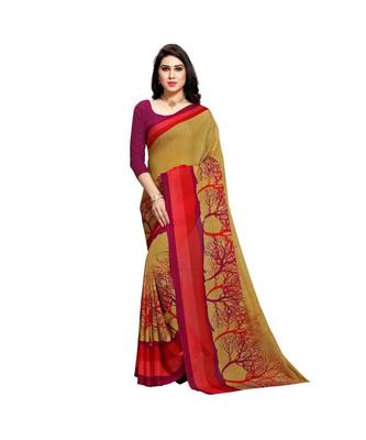 Red printed georgette saree with blouse 1
