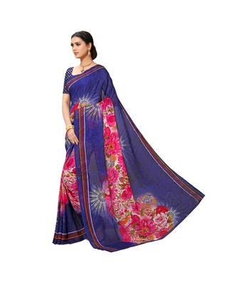 Blue printed georgette saree with blouse 2