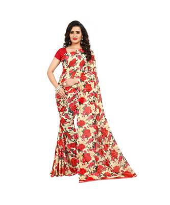 Red printed georgette saree with blouse 1