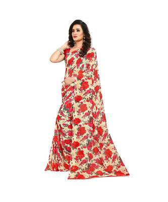 Red printed georgette saree with blouse 2