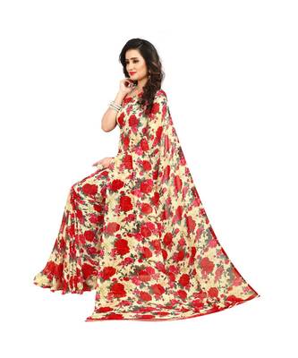 Red printed georgette saree with blouse 4
