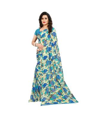 Blue printed georgette saree with blouse 2