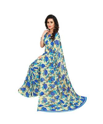 Blue printed georgette saree with blouse 4