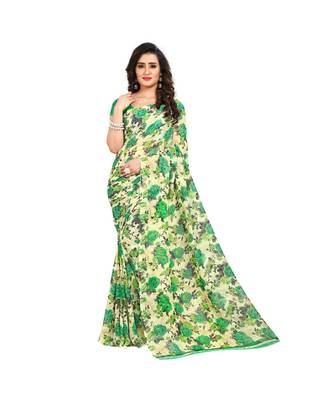 Green printed georgette saree with blouse 1