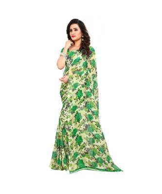 Green printed georgette saree with blouse 2