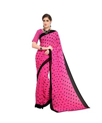 Pink printed georgette saree with blouse 1