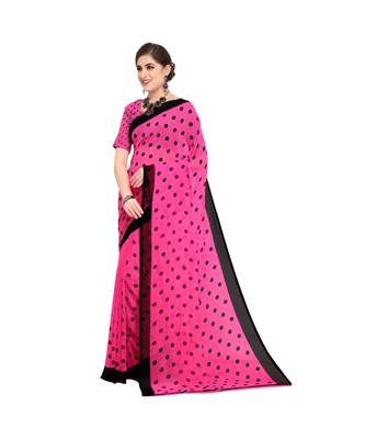 Pink printed georgette saree with blouse 2