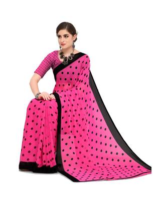 Pink printed georgette saree with blouse 4