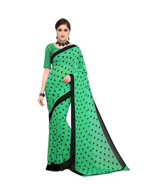 Green printed georgette saree with blouse 1