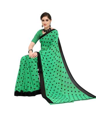 Green printed georgette saree with blouse 4