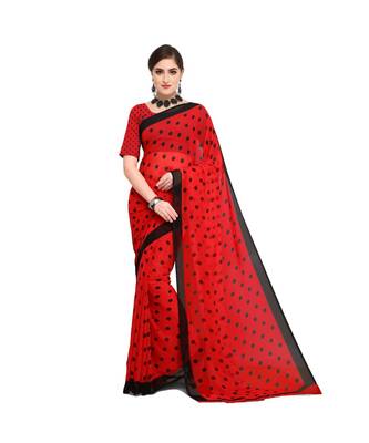 Red printed georgette saree with blouse 1
