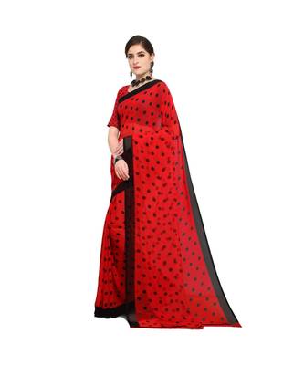 Red printed georgette saree with blouse 2